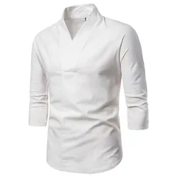 Blusa tradicional china de manga 3/4 para hombre, ropa de calle, Top Oriental con cuello en V, camisa Kimono de lino, traje XXXXL