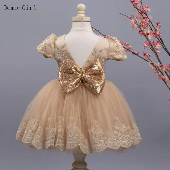 Cute Baby Girl Birthday Dress Champagne Lace Tulle Kids Prom Clothing Outfits Photoshoot Gift for Kids