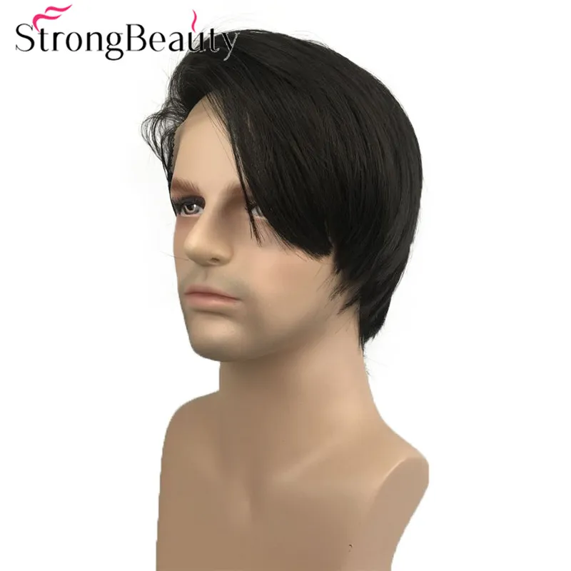 StrongBeauty Straight Men Lace Front Synthetic Wigs Medium Length Natural Wig Black Hair