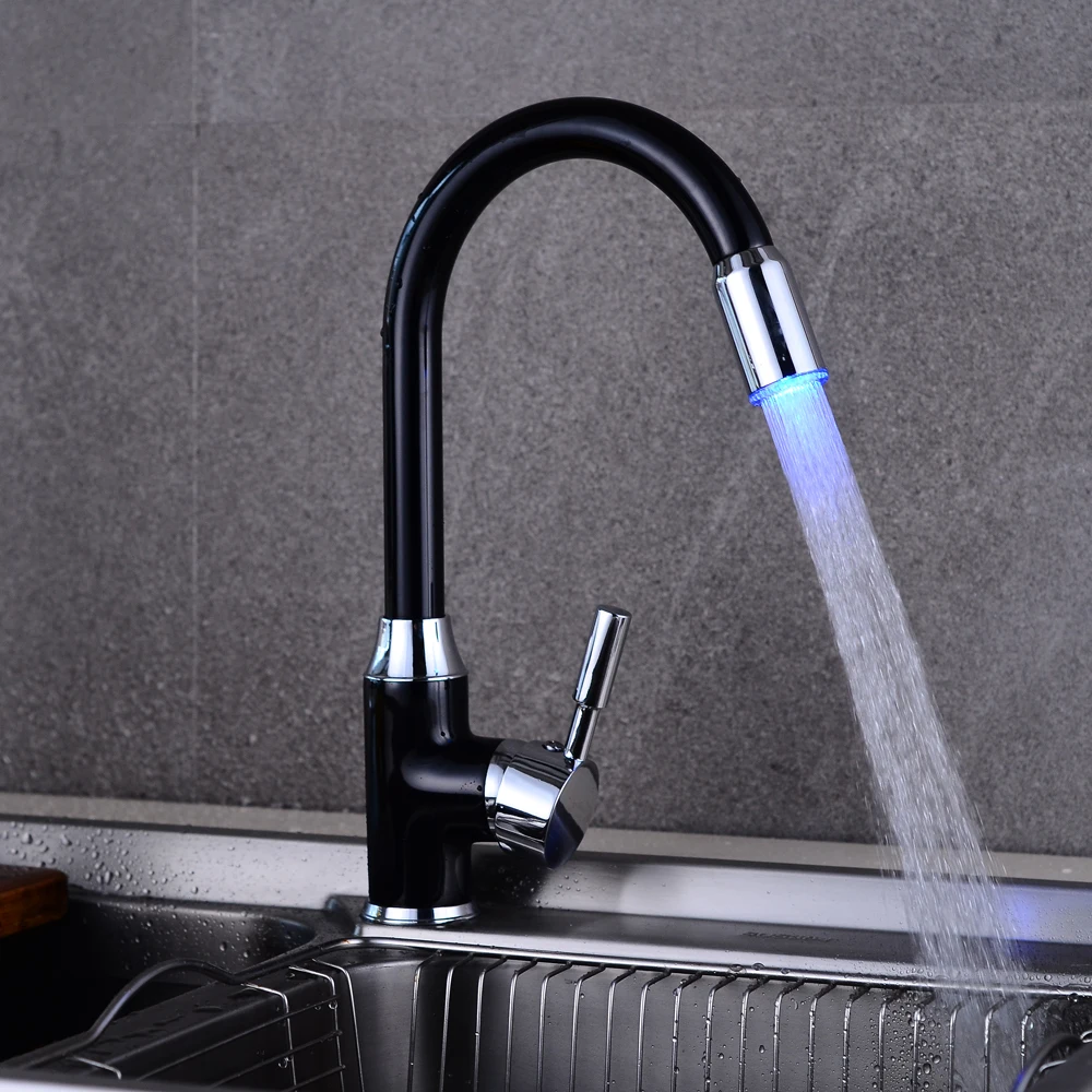 Black Led Light Tap Bathroom Kitchen Faucets Swivel Sink Temperature Sensor Color Led Mixer Tap B3276