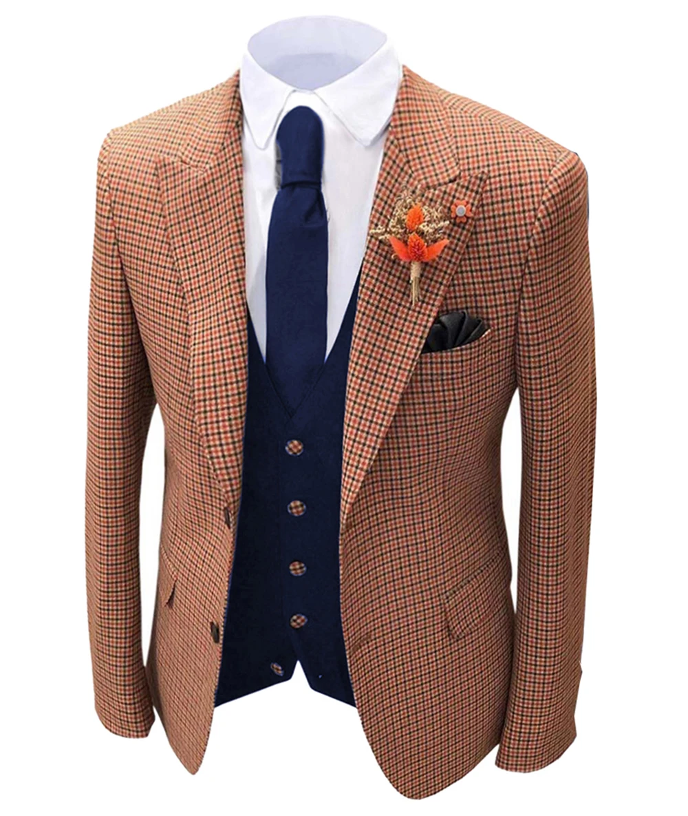 1 piece Orange  Men's Plaid Wool Tweed  Blazer Groomsmen Notch Lapel Mens Jacket For Wedding Bridegroom Slim Fit Tuxedo