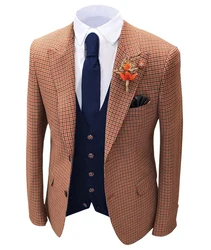 Blazer en tweed de laine à carreaux orange pour hommes, veste à revers cranté, smoking slim, marié, marié, 1 pièce