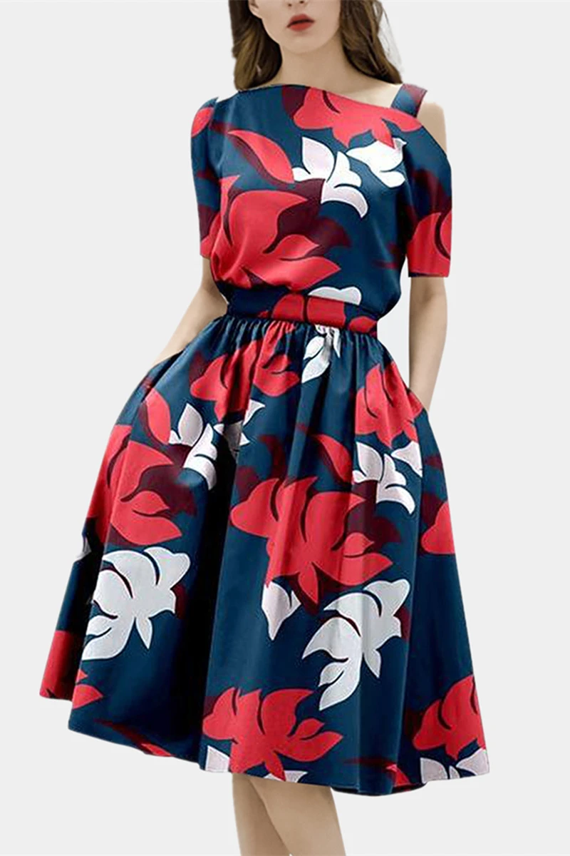 Women 2021 Summer Fashion Slash Neck Dew  Short Sleeve Flower Printed  Waisted Slim Draped A Line Office Party Knee Lenght Dress