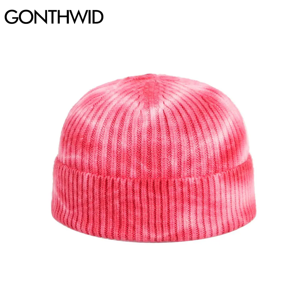 GONTHWID Knitted Tie Dye Beanies Hats Plain Cuff Beanie Knit Ski Cap Casual Skull Warm Solid Color Winter Blank Headwear Bonnets