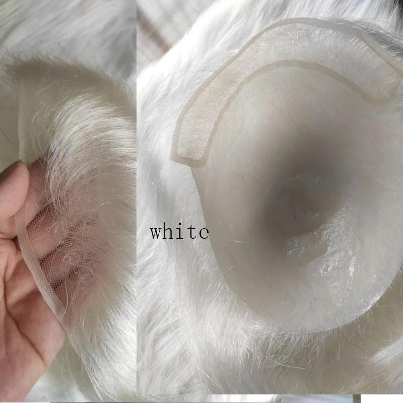 Eseewigs-tupé de encaje francés y PU para hombre, reemplazo de cabello humano Real europeo, postizo de Color blanco, duradero y transpirable