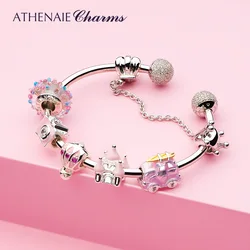 ATHENAIE 925 Sterling Silver Pink Enamel Vintage Fairy Tale Castle Charms Bracelet For Women Birthday Valentine Day Gift