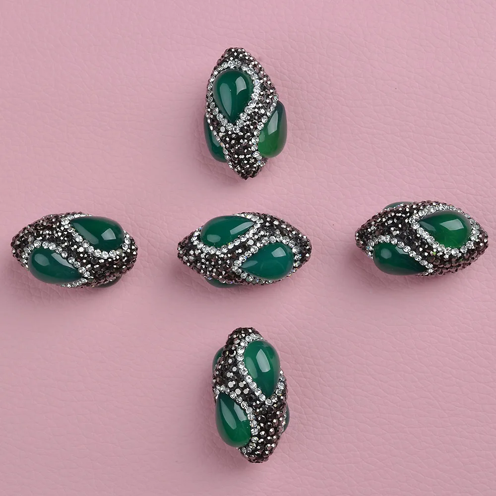 

5PCS 22x35mm Olivary Green Beads Trimmed With Crystal Zircon Beads