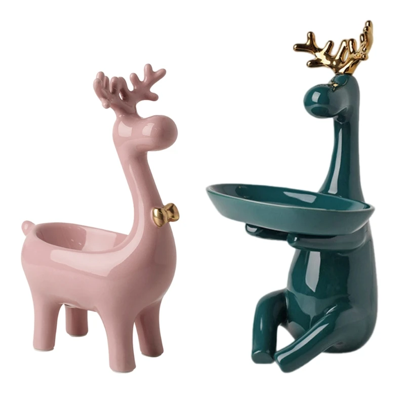 

2024 New Creative Elk Animal Desktop Ornament Key Storage Tray Ceramic Statue Decor for Home Indoor Creative Desktop Decoration