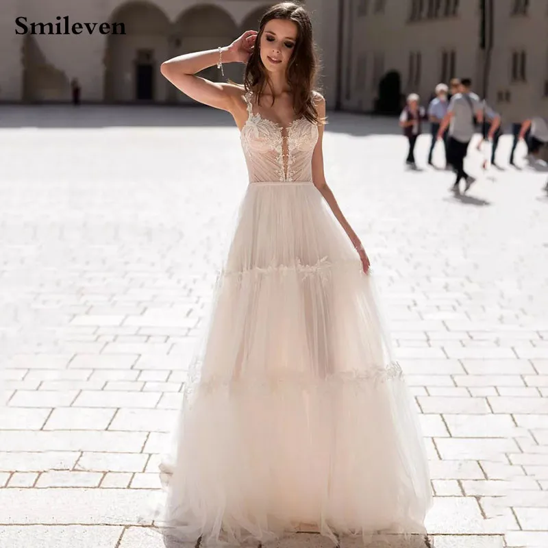 

Smileven A Line Wedding Dress Puffy Tulle Boho Bridal Dresses V Neck arabic Vestido De Noiva Wedding Gowns For Girl Custom Made