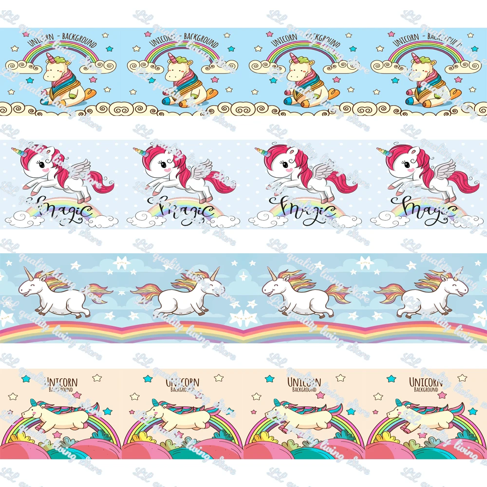 

WL 5/8’16mm 7/8’22 Mm 1’25mm Diy Cute Unicorn Cartoon Print Grosgrain Ribbon Gift Wrapping Hair Bow Party Decoration