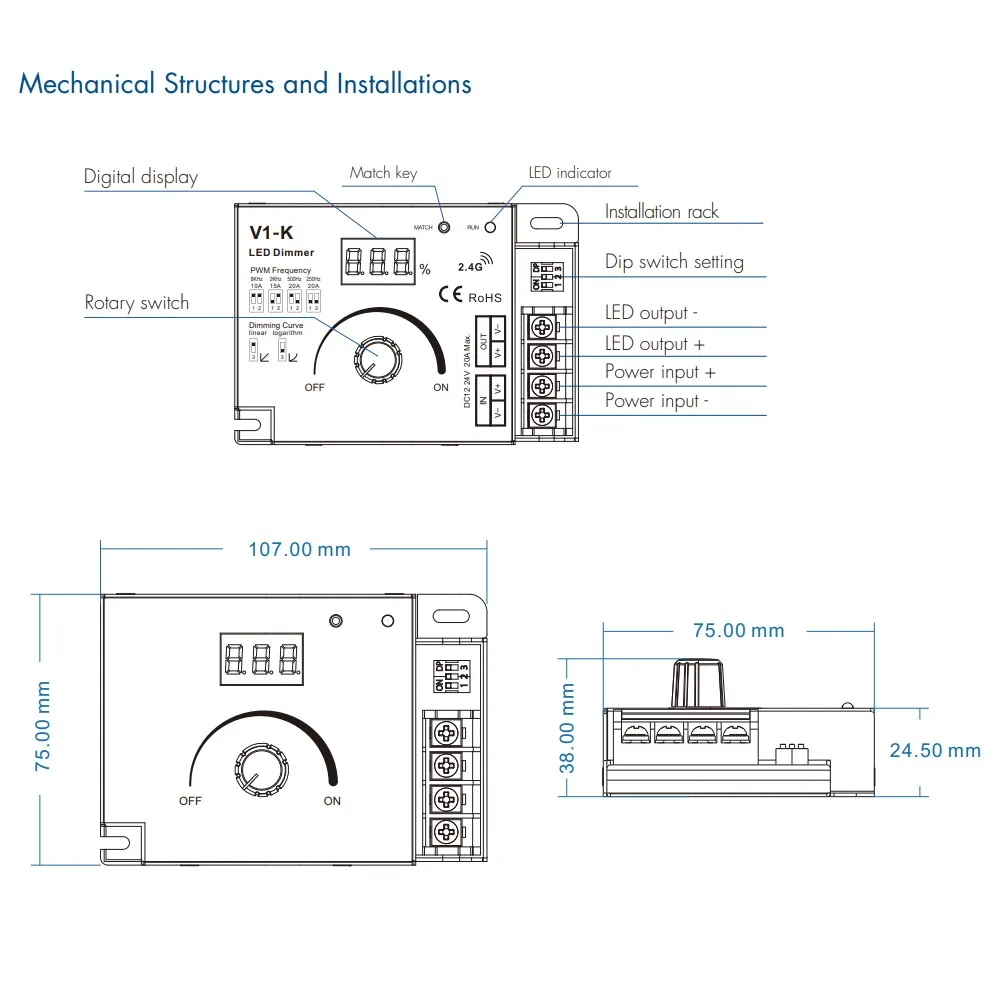 V1-K DC 12V 24V 8A PWM Wireless LED Dimmer Controller Switch Touch RF Remote for Single Color COB 5050 3528 Dimming LED Strip