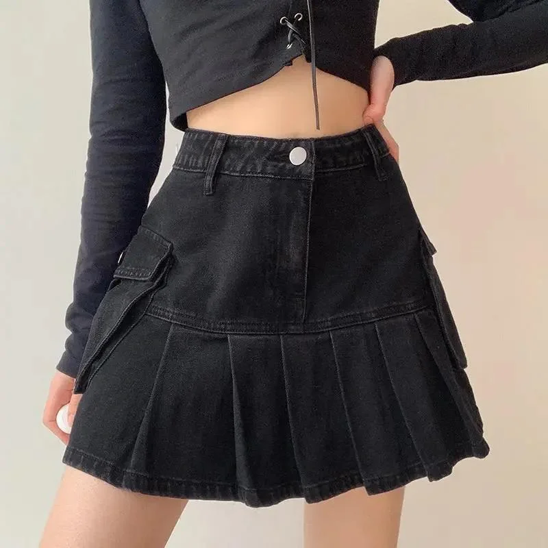 Saias femininas dobras denim mini sexy kawaii streetwear estilo coreano chique casual a linha do vintage moda harajuku doce meninas