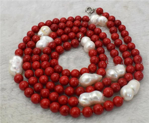 

HABITOO Ethnic Style Long 36 Inch 8mm Red Coral 13-14mm White Baroque Pearl Necklace Choker Women Fashion Jewelry S925 Clasp