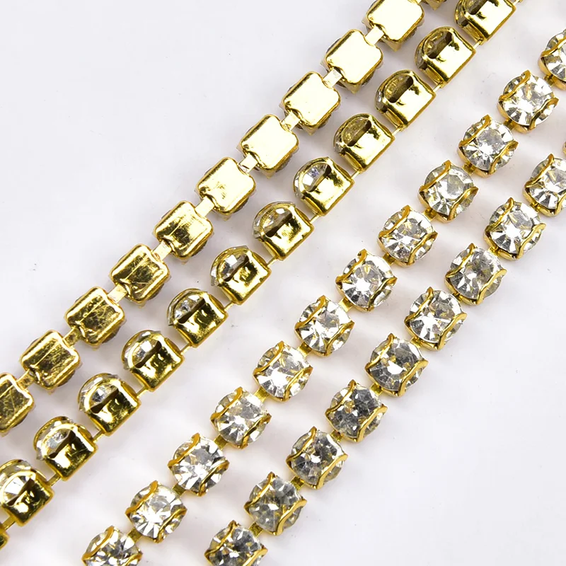 10 Meters 2-6Mm Rhinestone Chain D Claw Anti-Hook Silver/Gold Base Glass Crystal Diamond Strass Trim Diy Cloth Sew Accessories
