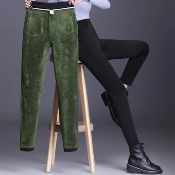 Women Outwear Bottoming Pants Pocket Autumn Winter Plus Size 5XL Pencil Pant With Velvet Female Warm Thick Wool Long Trouser