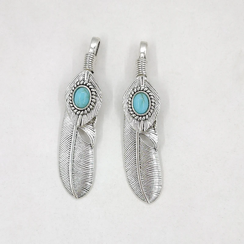 New Fashion 2pcs/bag 65*15MM Big Hole Retro Zinc Alloy Feather Charms Pendant for DIY Jewelry Accessories Gifts