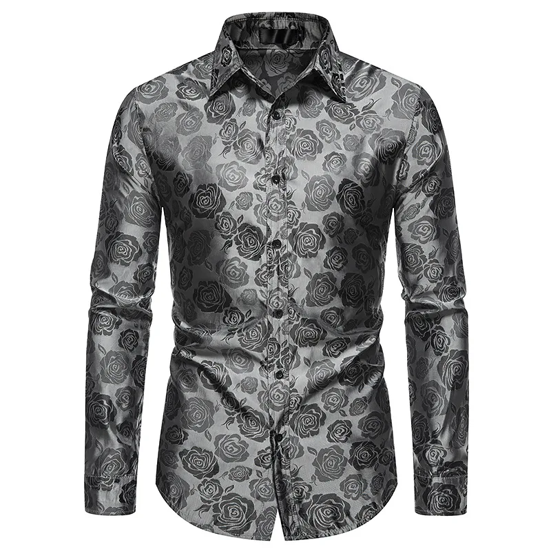 Fashion New Men\'s Long Sleeve Button Shirt personality Rose Print Casual Shirt Slim Dress Shirt