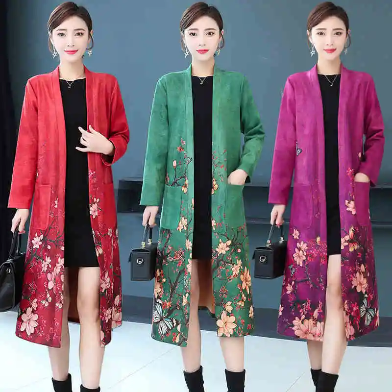 2022 Spring Autumn Suede Trench Coats Women\'s New Fashion Slim Printed Mid-long Outerwear Korean Slim Cape Cardigan Jackets J441