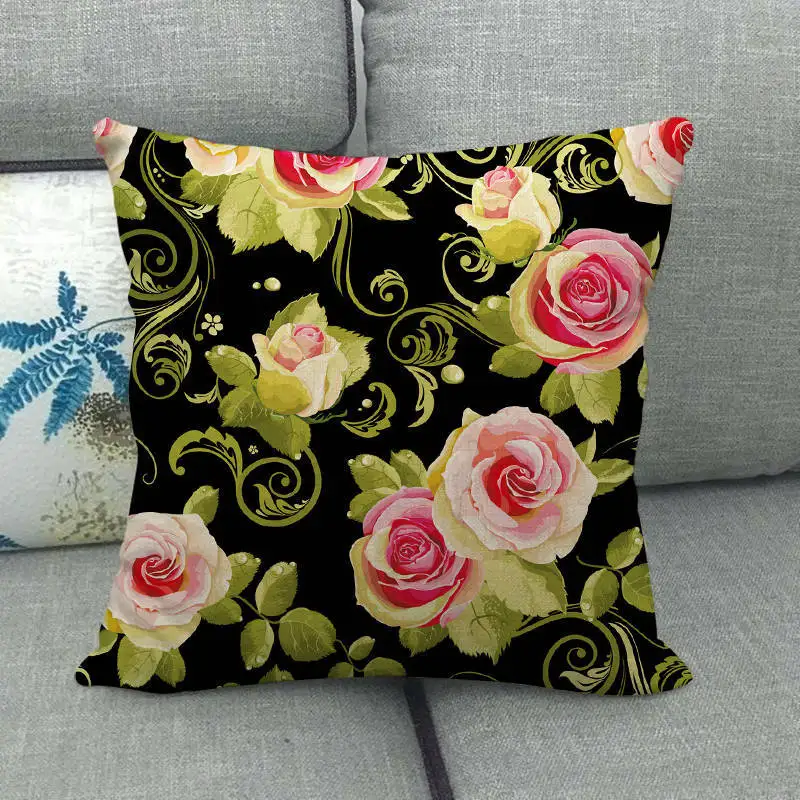 Flowers Cushion 50x50cm Roses Chrysanthemum Floral Throw Pillow Linen Pillowcase for Home Chair Decorative Bouquet Pillow