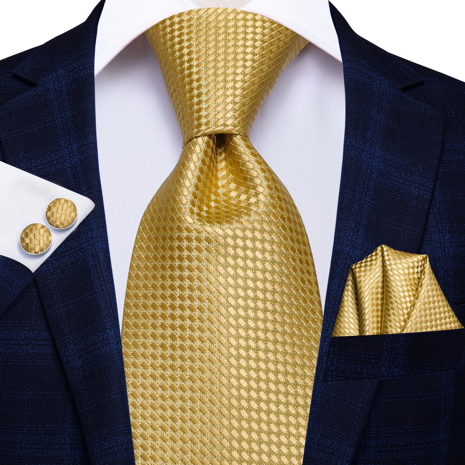 Hi-Tie Yellow Gold Plaid Men\'s Tie Set Silk Ties For Men Gold Ring Fashion Design Hanky Cufflinks Set Wedding Quality Necktie