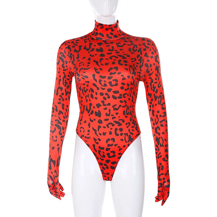 European Style One Piece Bodysuits High Neck Red Leopard Print Bodysuit Red Green Blue Purple DJ Singer Dancer Stage Costume