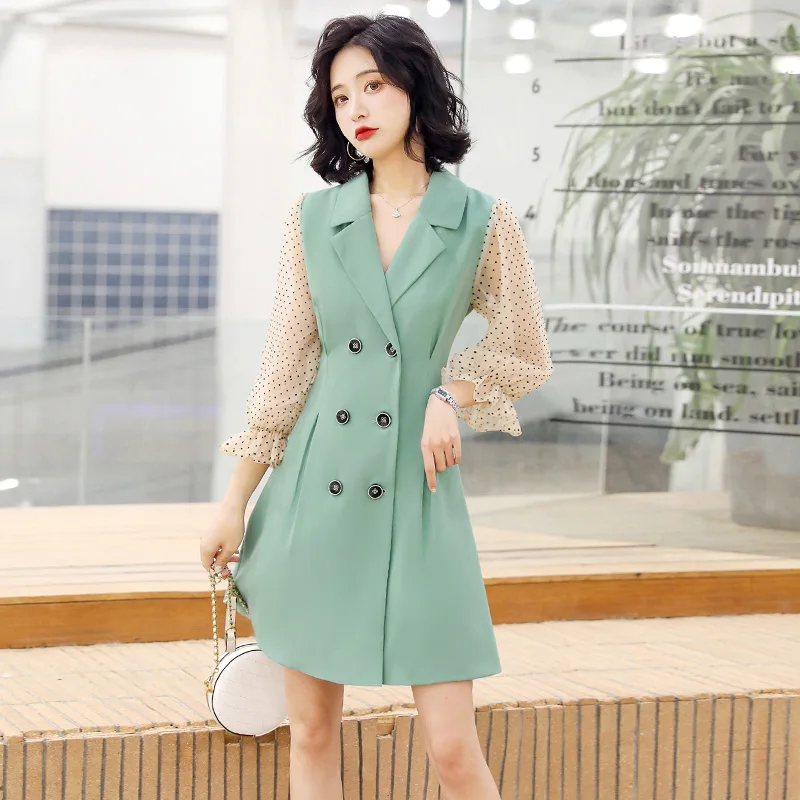 

Ladies Notched Double Breasted Blazer Dress Spring Female Korean Style Young Lady Chiffon Sleeve Dresses