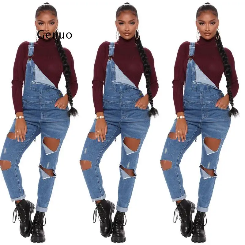 

Women's with Holes In Their Straps Straightforward Tight Calf Jeans Rompers Womens Denim Jumpsuit Women Summer Overalls