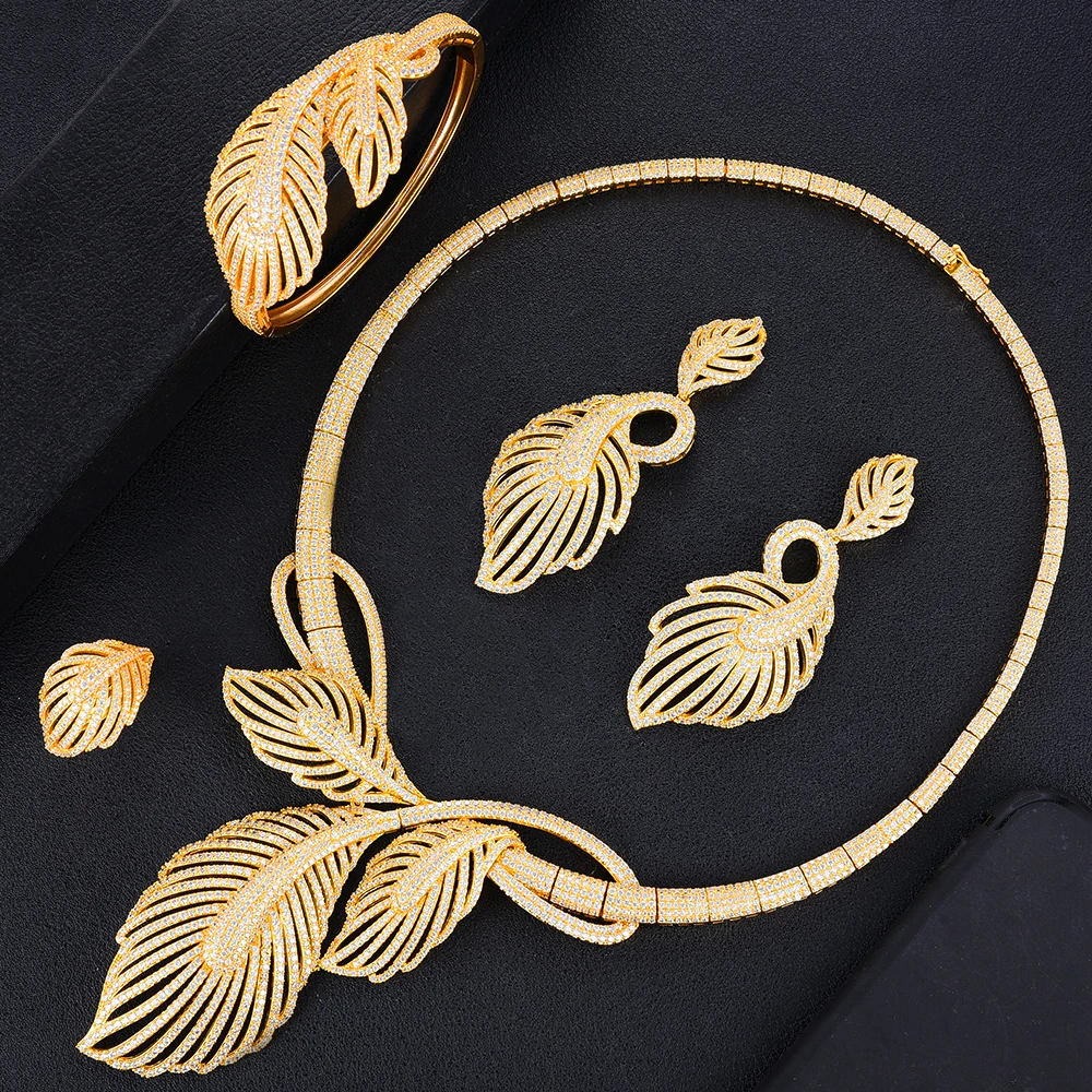 Kellybola High Quality Fashion Luxury Zircon Leaf Earrings Necklace Bangle Ring Set Women's Wedding Banquet Celebration Jewelry