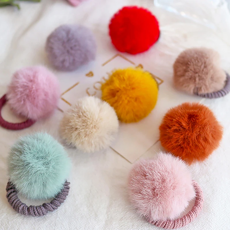 10pcs/set Multicolor Hair Bands Cute Furry Ball Elastic Hair Ties For Children Girls Scrunchies Ponytail Holder Hair Accessories