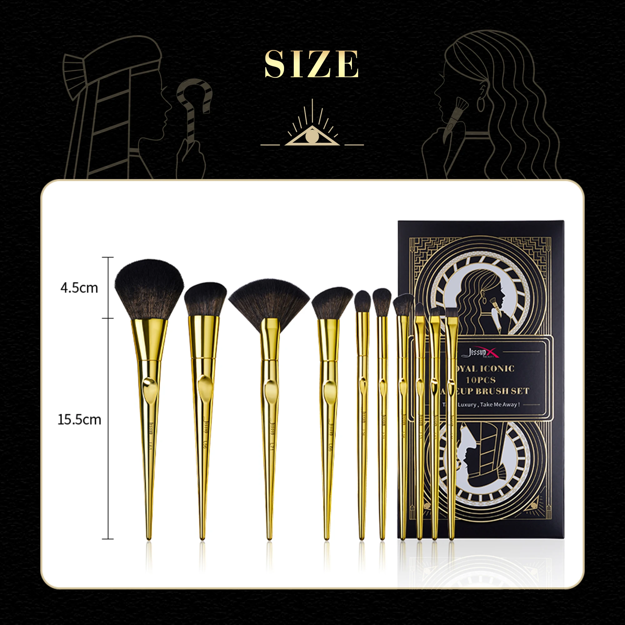 Jessup Makeup Brushes Set 10pcs Basic Powder Eyeshadow Contour Foundation Liner Brow Brush Kit Vintage Golden Synthetic Hair