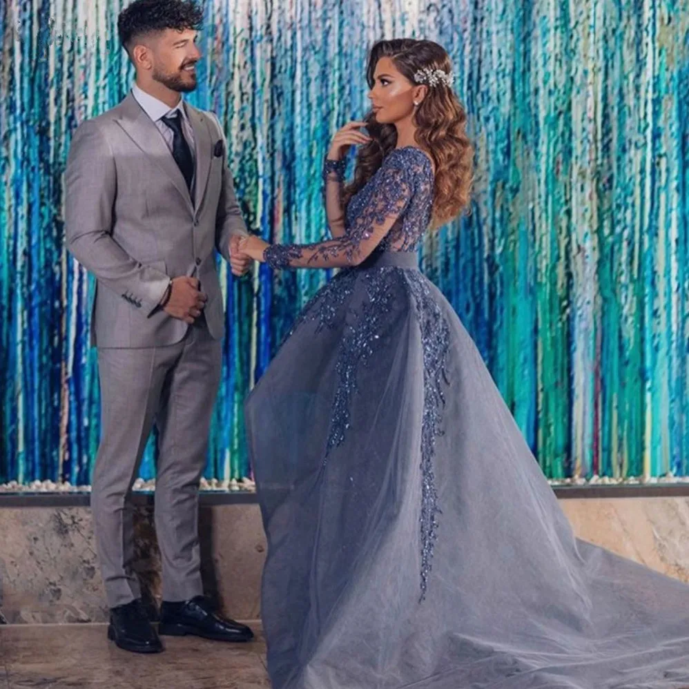 Vestidos de princesa azul marino con cuentas de cristal, mangas completas, encaje Vintage, vestidos de graduación, doble cuello en V, vestidos formales