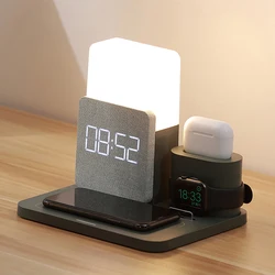 LED Light Bedside Lamp Qi Wireless Charger Dock For iPhone 12 Pro Max Mini AirPods iWatch 8 7 Galaxy Watch Fast Charging Station