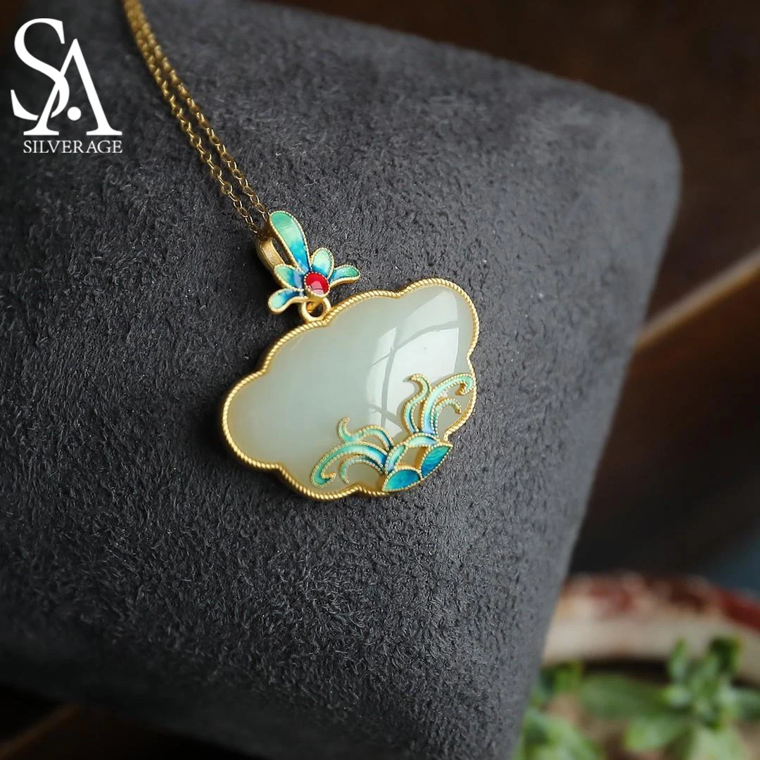 

SA SILVERAGE Chinese Wind Burns Blue Sterling Silver Magnolia Flower and Hetian Jade Pendant Ruyi Necklace Retro Temperament