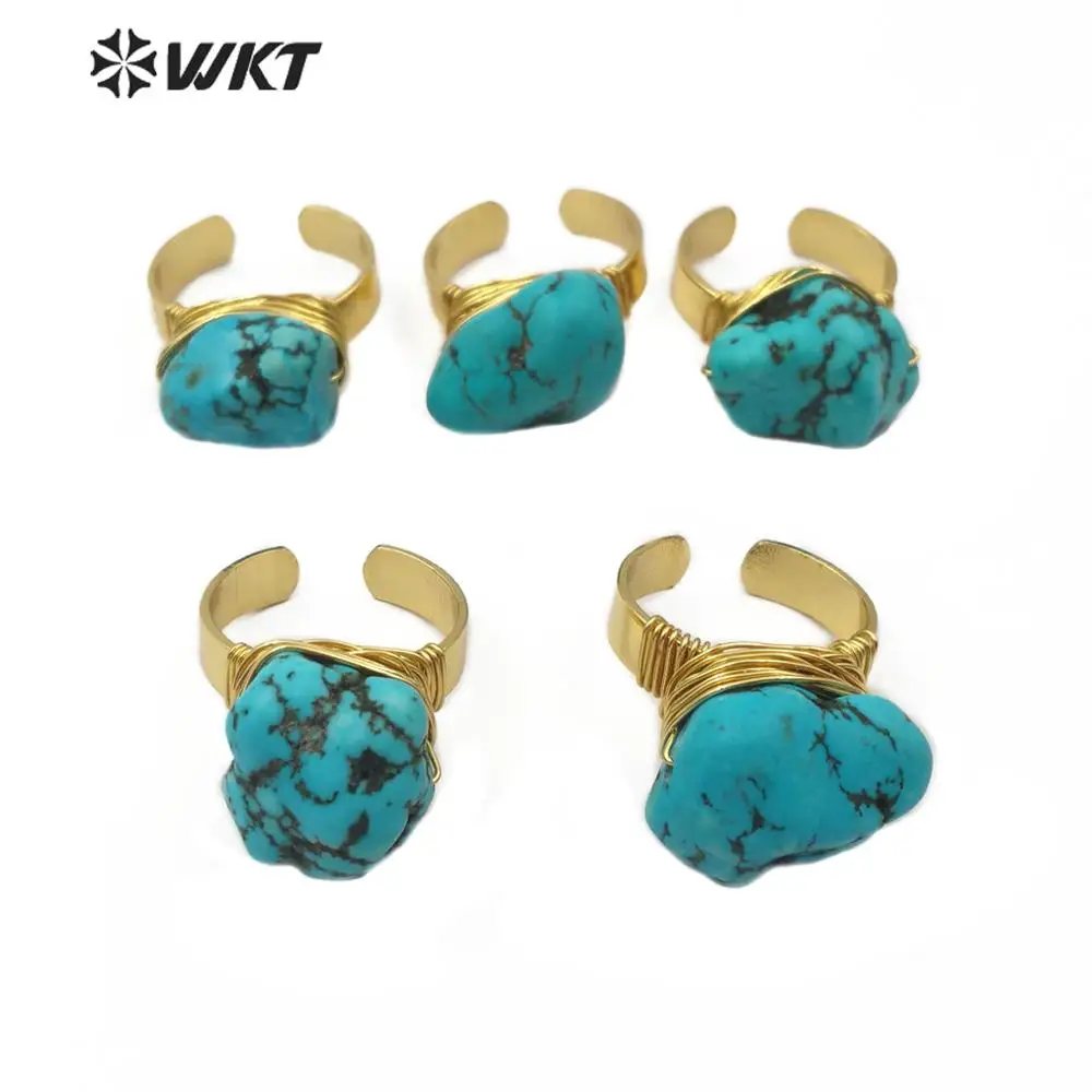 WT-R343 Natural Stone Ring Irregular Stone Wire  Wrapped chunky Tur quoise With Gold Electroplated Adjustable Band Fashion Ring