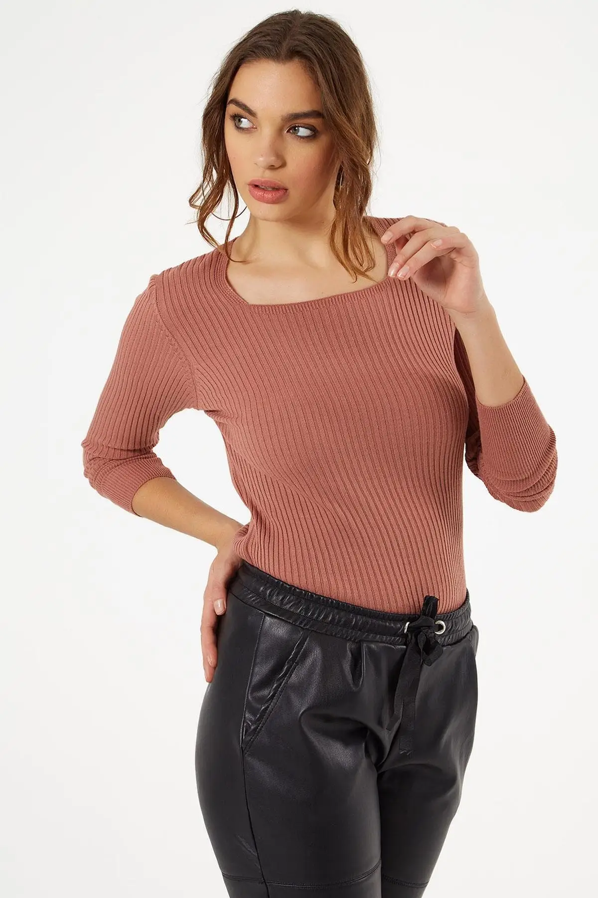 Women's Color Rose Square Collar Ribbed Slim Sweater