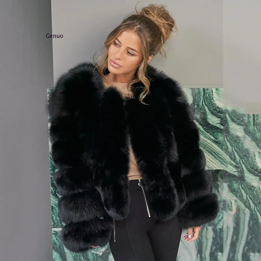 Faux Silver Fox Vertical Cropped Fox Fur Coat Women Fake Fox Fur Jacket Female Winter Luxury Thick Warm Outerwear High Quality