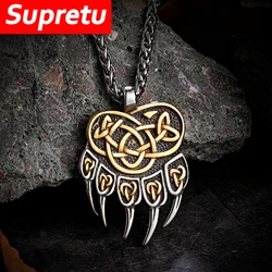 Mens Vikings Bear Claw Necklaces Stainless Steel Wolf Paw Self-defense Amulet Norse Runes Trinity Pendant Scandinavian Jewelry