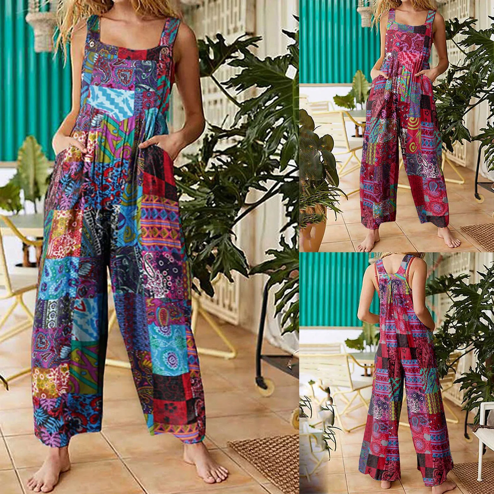 Vintage Summer Women Jumpsuits Suspender 90s Retro Wide Leg Overall Baggy Romper With Pockets Outfits