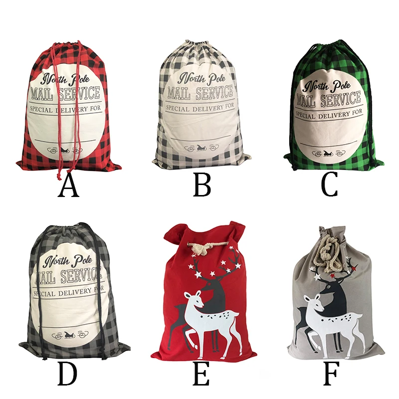 10pcs/Lot Large Canvas Christmas Santa Sacks Personalized Christmas Ornament Gift Bag Gird Cotton Xmas Fireplace Decoration