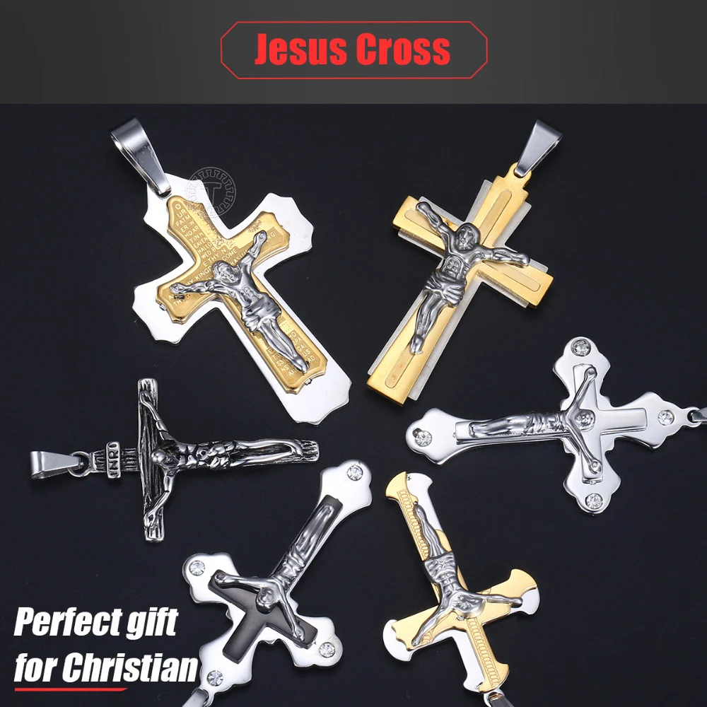 Davieslee Jesus Christ Cross Pendant for Men Gold Black Silver Color Mens Pendants Stainless Steel Paved Clear CZ Gifts LKPP3