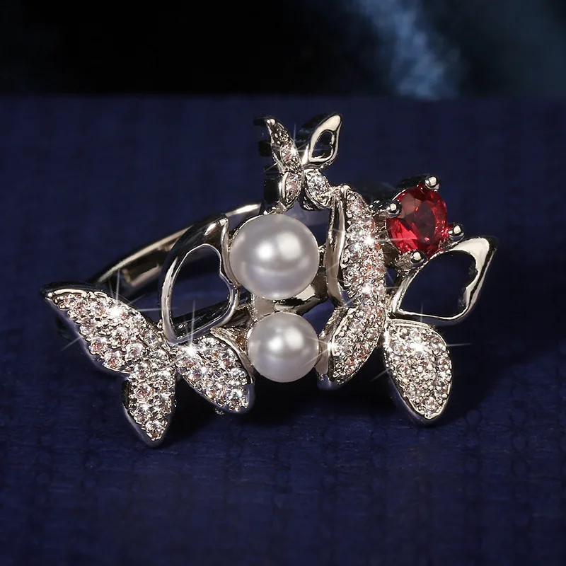 

2021 NEW S925 Silver Color Butterfly Bow Ppearl Ring with Pearl Zircon Stone for Women Wedding Engagement Gift Fashion Jewelry