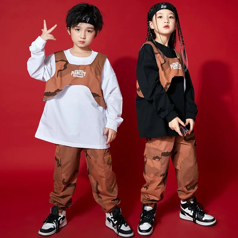 Kid Hip Hop Clothing Sweatshirt Camo Sleeveless Jacket Streetwear Tactical Cargo Pants for Girl Boy Jazz Dance Costume Clothes