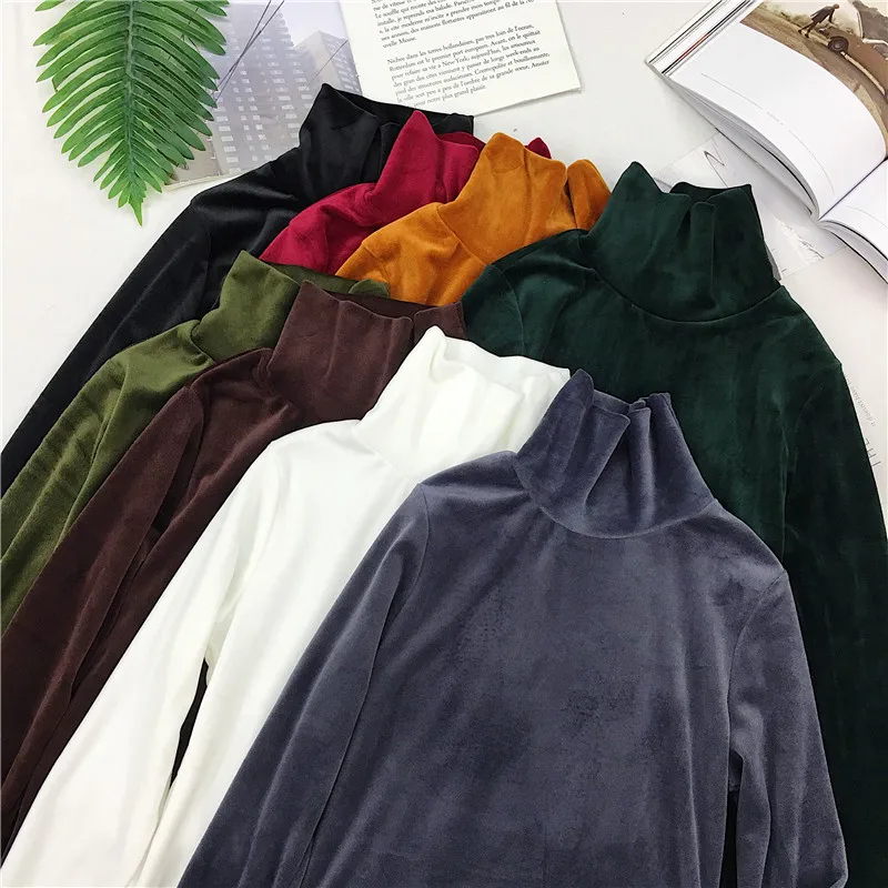 Women 2020 Fall and Winter Solid Turtleneck Thermal Velvet Bottoming Shirt Long Sleeve Pullover Warm T-Shirt mujer