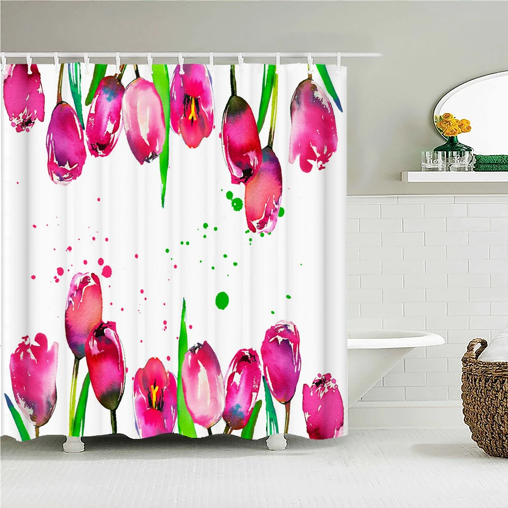 Colorful Tulip Pattern Bath Curtain Waterproof Fabric Shower Curtains Flowers Bathtub Screen With Hooks for Bathroom Home Decor