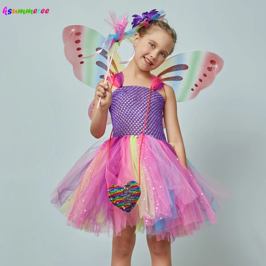 Girls Glitter Tutu Dress with Butterfly Wings & Fairy Wand Kids Rainbow Fairy Party Cosplay Costume Girls Rainbow Tulle Dress