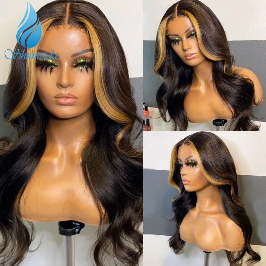 Shumeida Highlight 13*4 Lace Front Hair Wigs Body Wave Brazilian Remy Human Hair Glueless Wig With Baby Hair PrePlucked Hairline