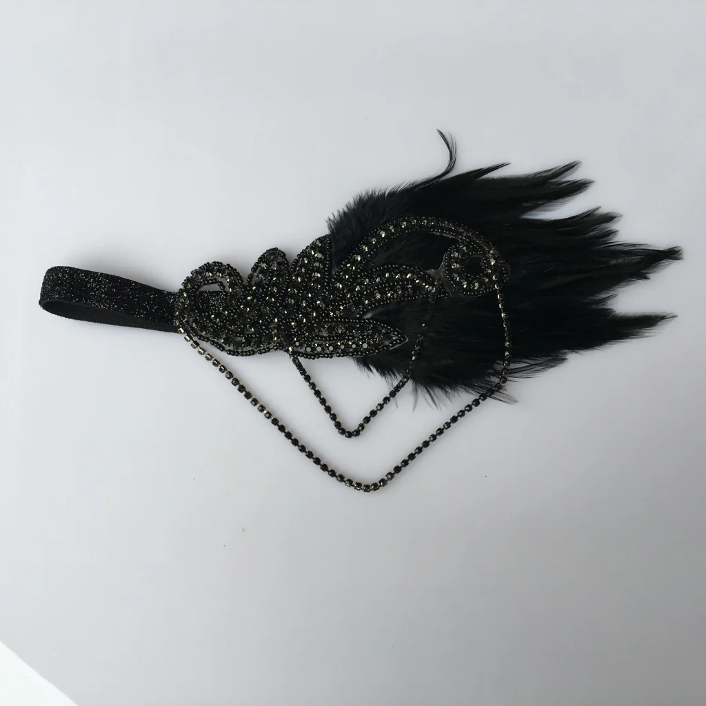 Feather Headband Vintage Elastic Feather Rhinestone Chain Forehead Decorations Gatsby Party Charleston Party Feather Headwear