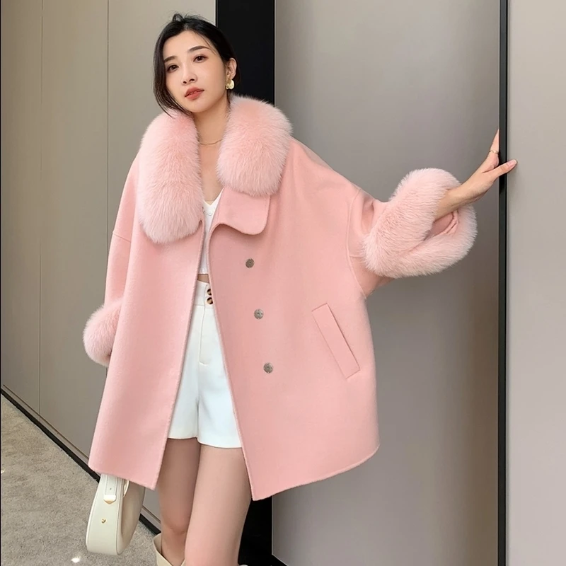 2022 Double-sided Woollen Overcoat Women Autumn/winter Cashmere New Korean Shawl  Fox Fur Collar Coat Medium Long Jacket