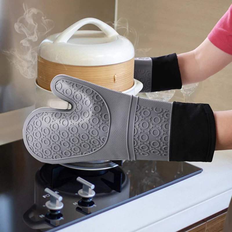 Verdicken Silikon Back handschuhe wasserdicht hitze beständigen Ofen handschuh mit Baumwolle Küche Kochen Mikrowelle Grill handschuhe Top flappen