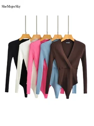 SheMujerSky Sexy Deep Cross V-neck Solid Color Bodysuits Women Knitted Elastic Slim Long Sleeve Bodysuit body femme